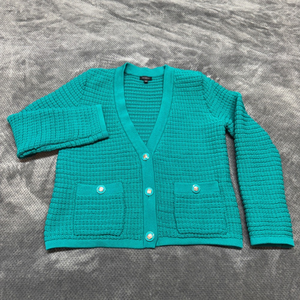 Talbots‎ Womens Teal Green Textured Knit Button Front Cardigan Sweater Size M